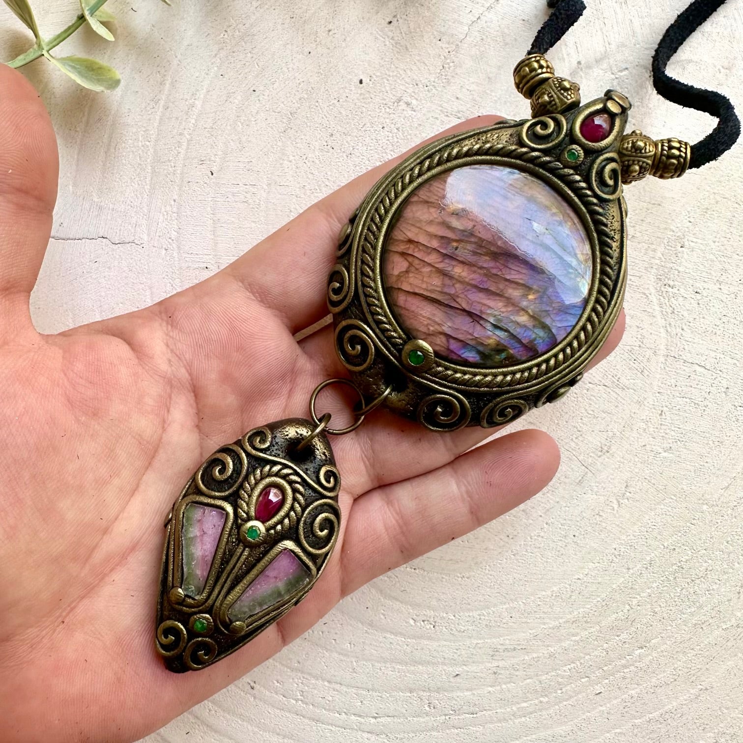 One of a kind crystal necklace handcrafted with Labradorite and genuine Watermelon Tourmaline gemstones.