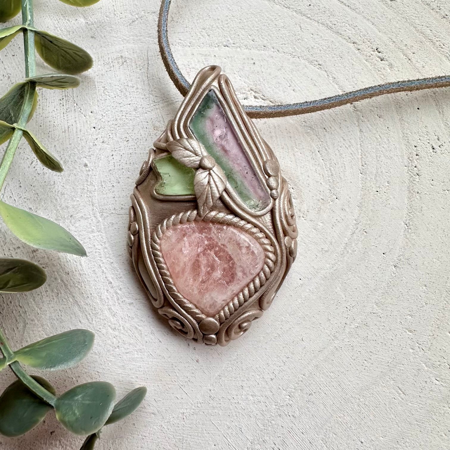 Energy pendant with hiddenite and watermelon tourmaline