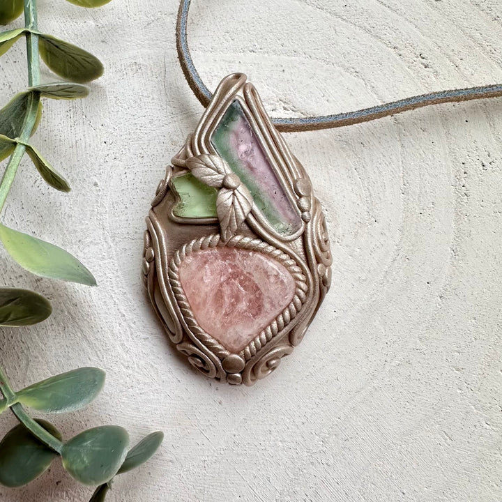 Energy pendant with hiddenite and watermelon tourmaline