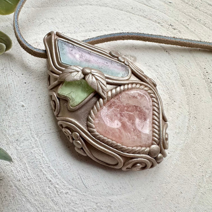 Morganite paired with watermelon tourmaline and hiddenite in a necklace
