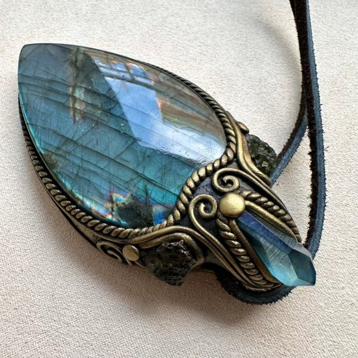 Labradorite Aqua Aura Quartz and Moldavite Crystal Necklace, One of a kind Gemstone Jewelry - FairyGardenGlow