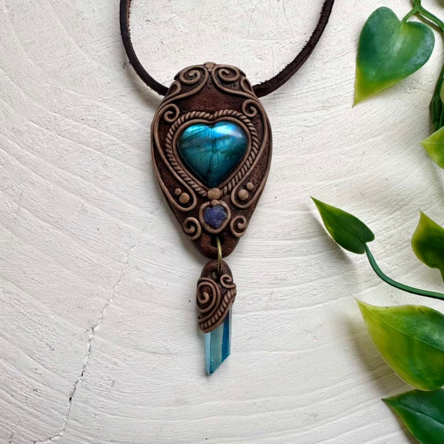 Labradorite Aqua Aura Quartz and Tanzanite Necklace, Handmade Boho Pendant - FairyGardenGlow