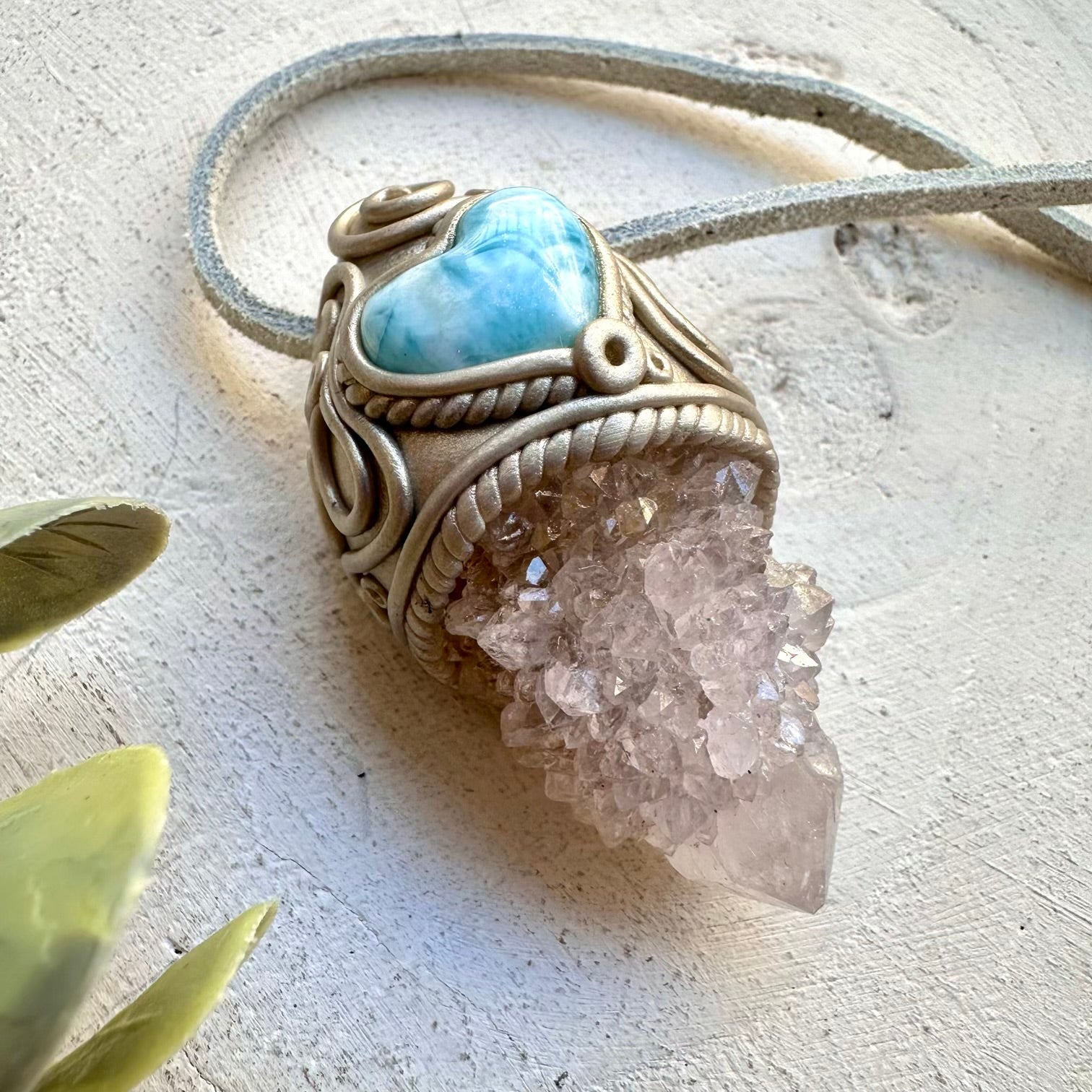 Healing crystal necklace with larimar heart and spirit quartz