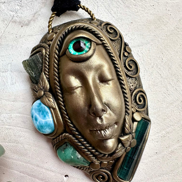 Natural gemstone goddess necklace with moldavite and larimar