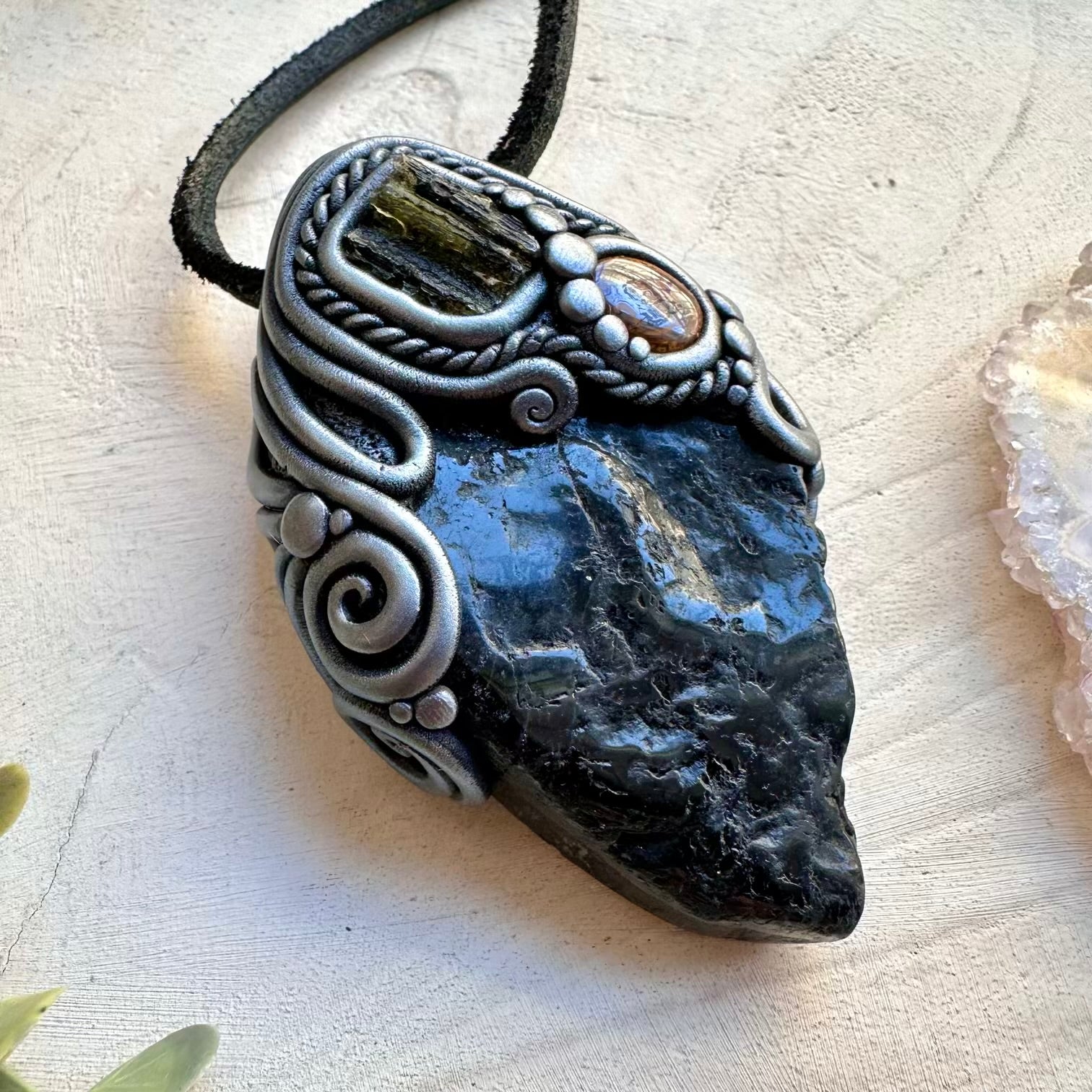 Unique moldavite tourmaline talisman jewelry