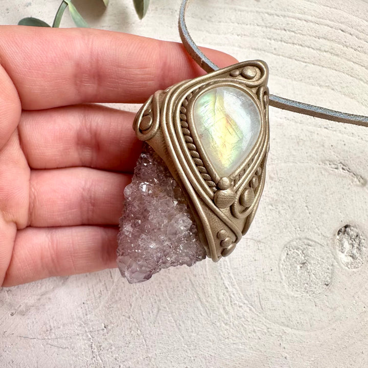 Natural gemstone necklace with rainbow moonstone and spirit quartz