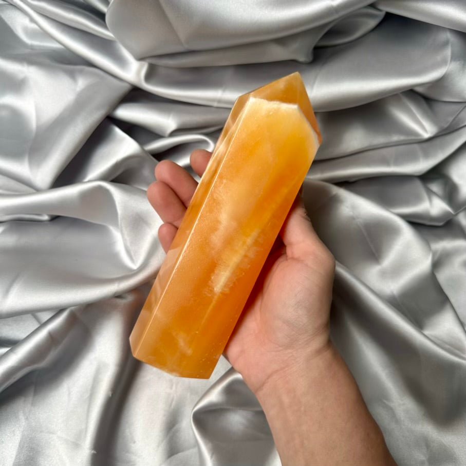 XL Orange Calcite Crystal Tower – Unique Polished Crystal Point for Energy, Creativity & Positivity - FairyGardenGlow