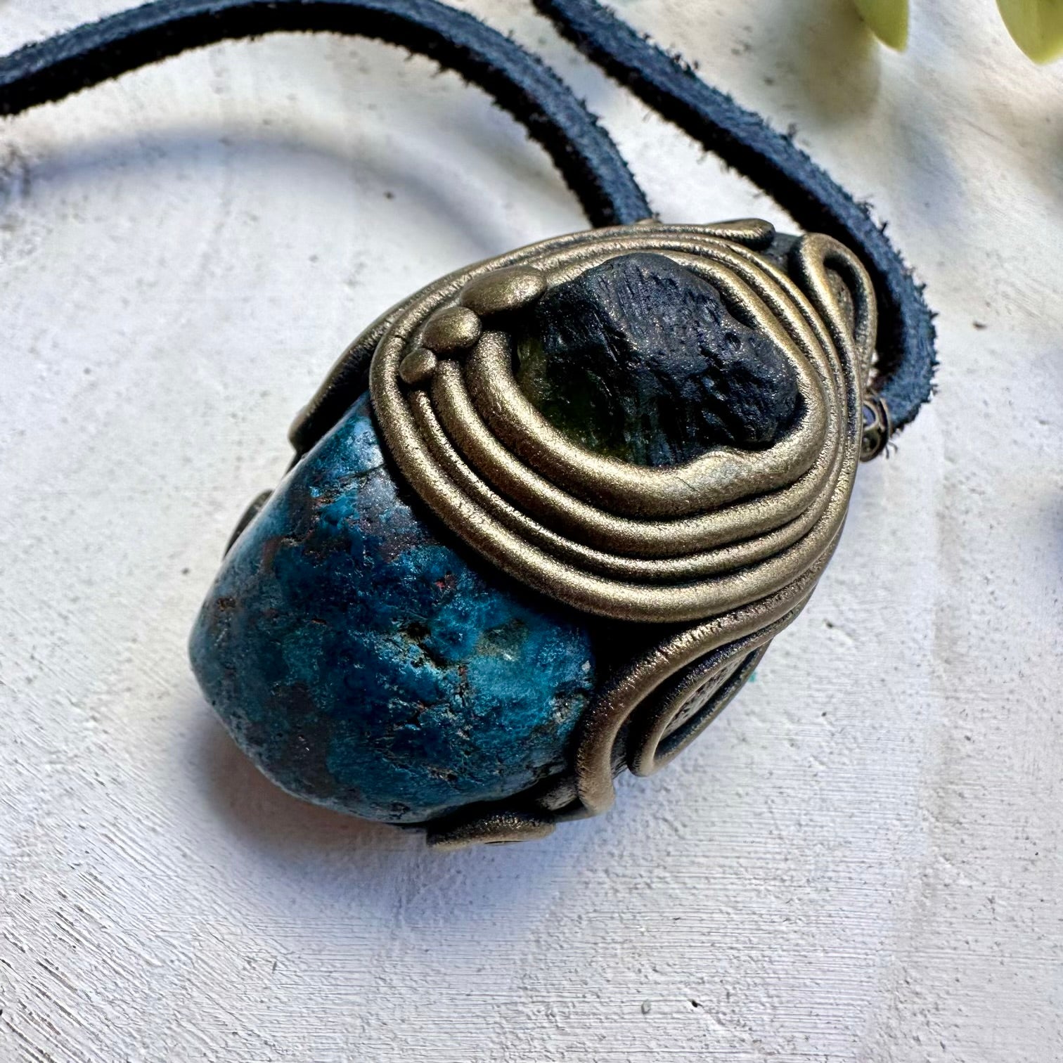 Artisan necklace with raw moldavite and shattuckite