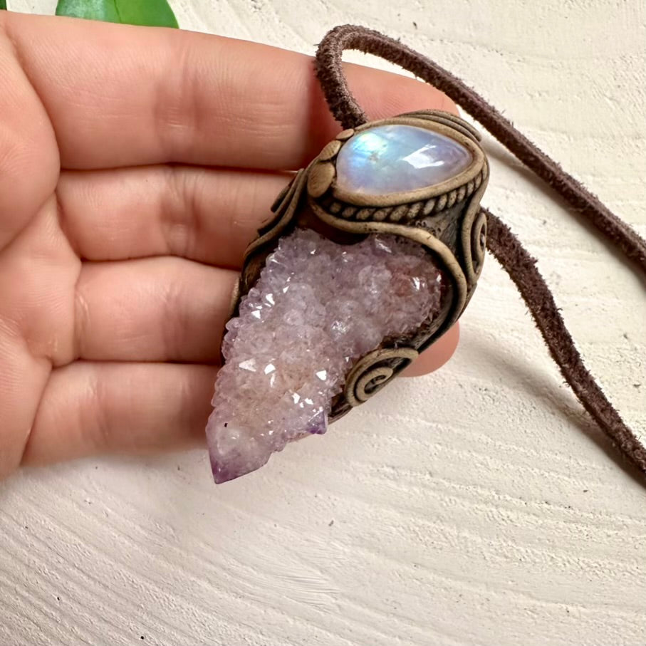 Handmade gemstone necklace with Moonstone and Spirit Quartz