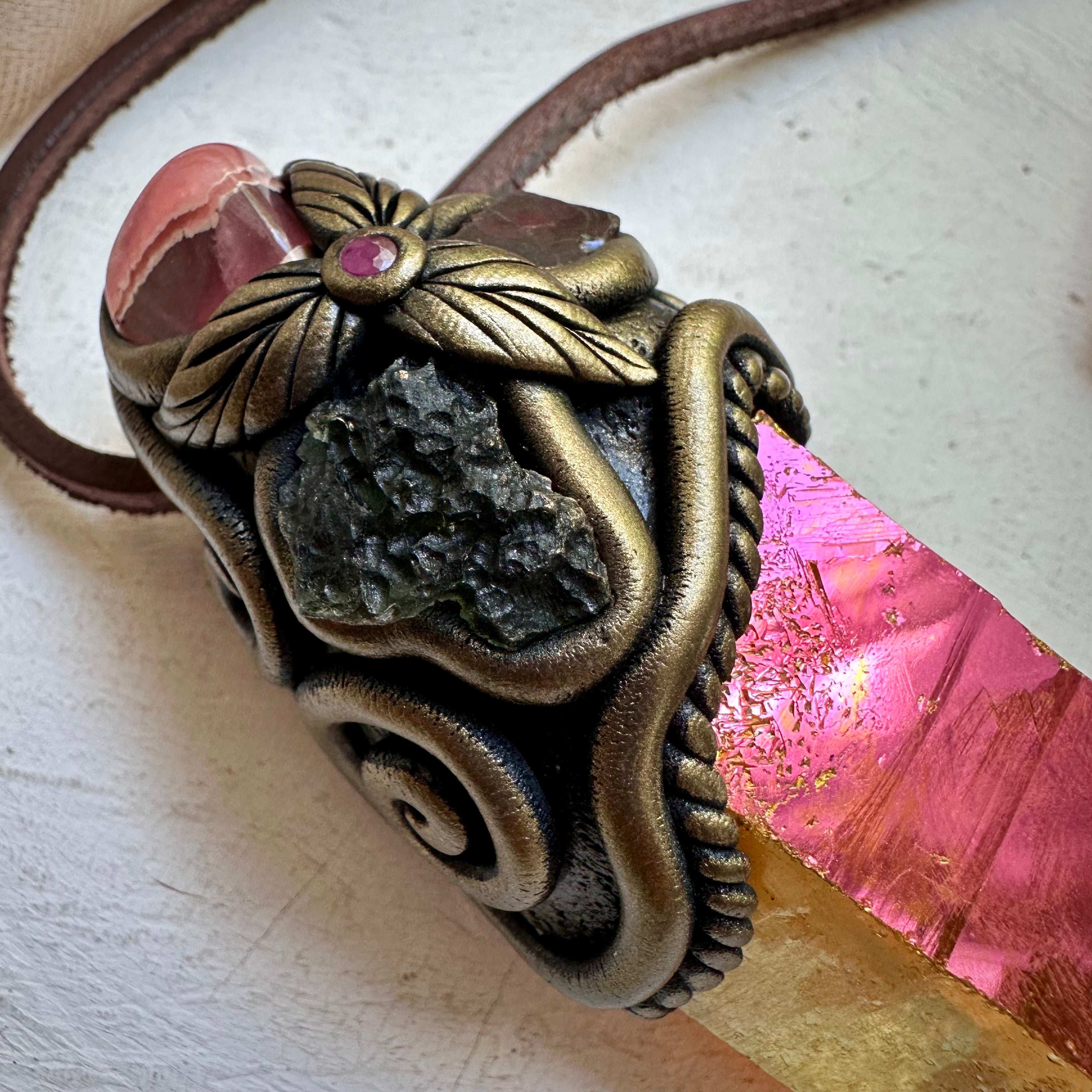 Sunset Aura Quartz Moldavite Rhodochrosite Red Garnet and Ruby Wand/Pendant - FairyGardenGlow