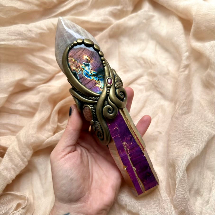 Sunset Aura Quartz crystal wand with Sunstone, Labradorite and Ruby