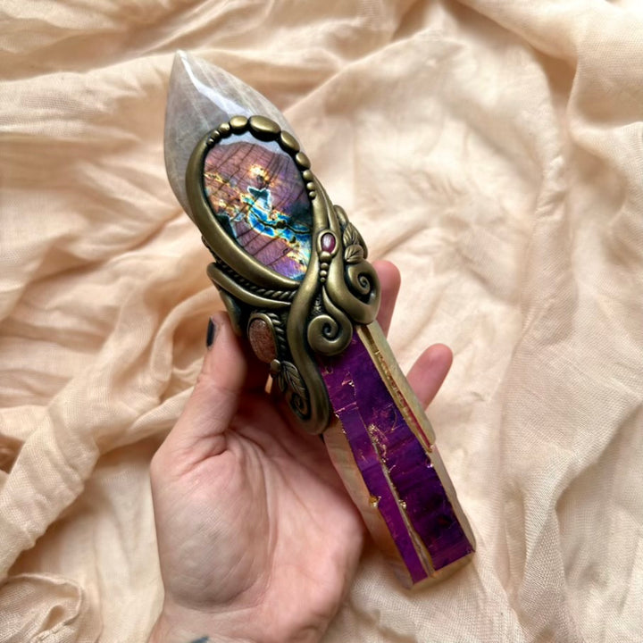 Sunset Aura Quartz crystal wand with Sunstone, Labradorite and Ruby