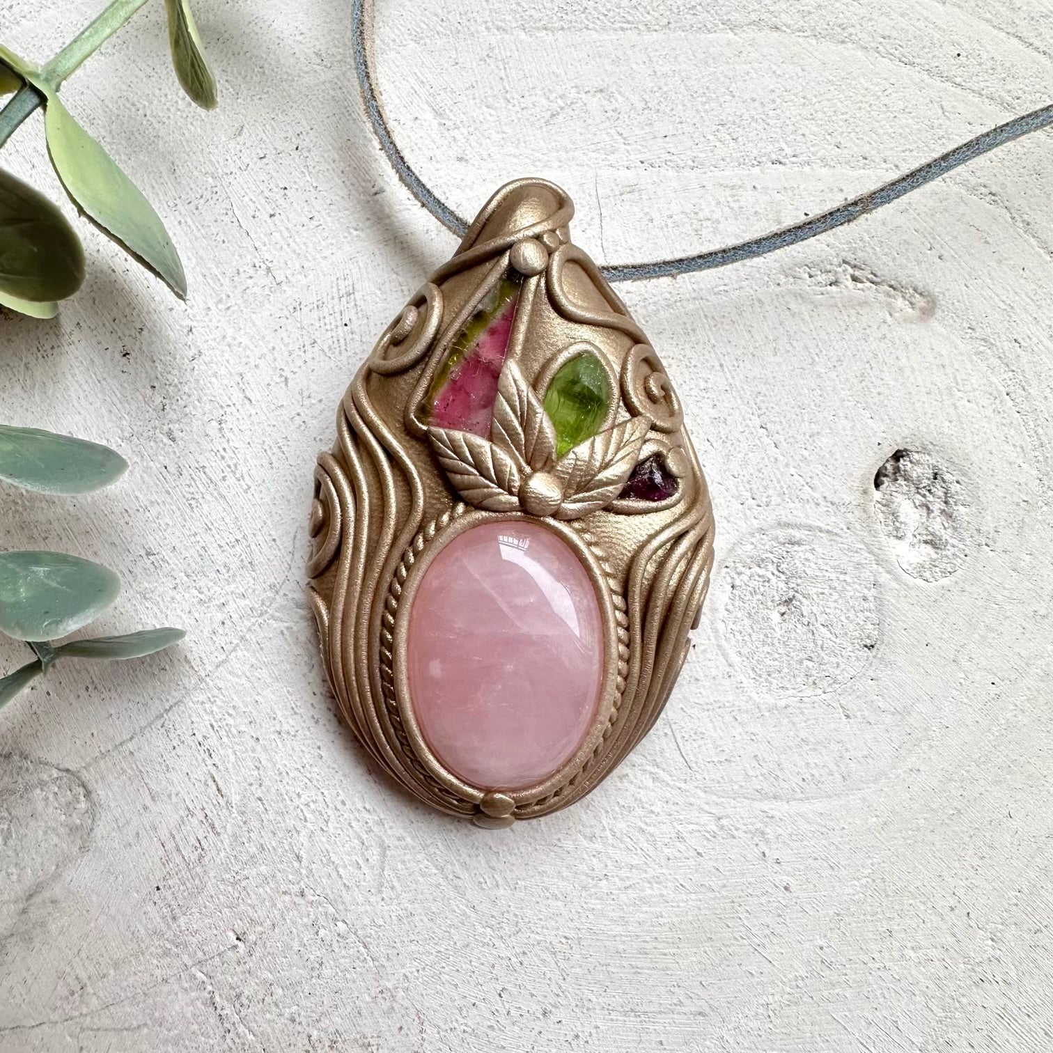Handmade talisman necklace with watermelon tourmaline crystal