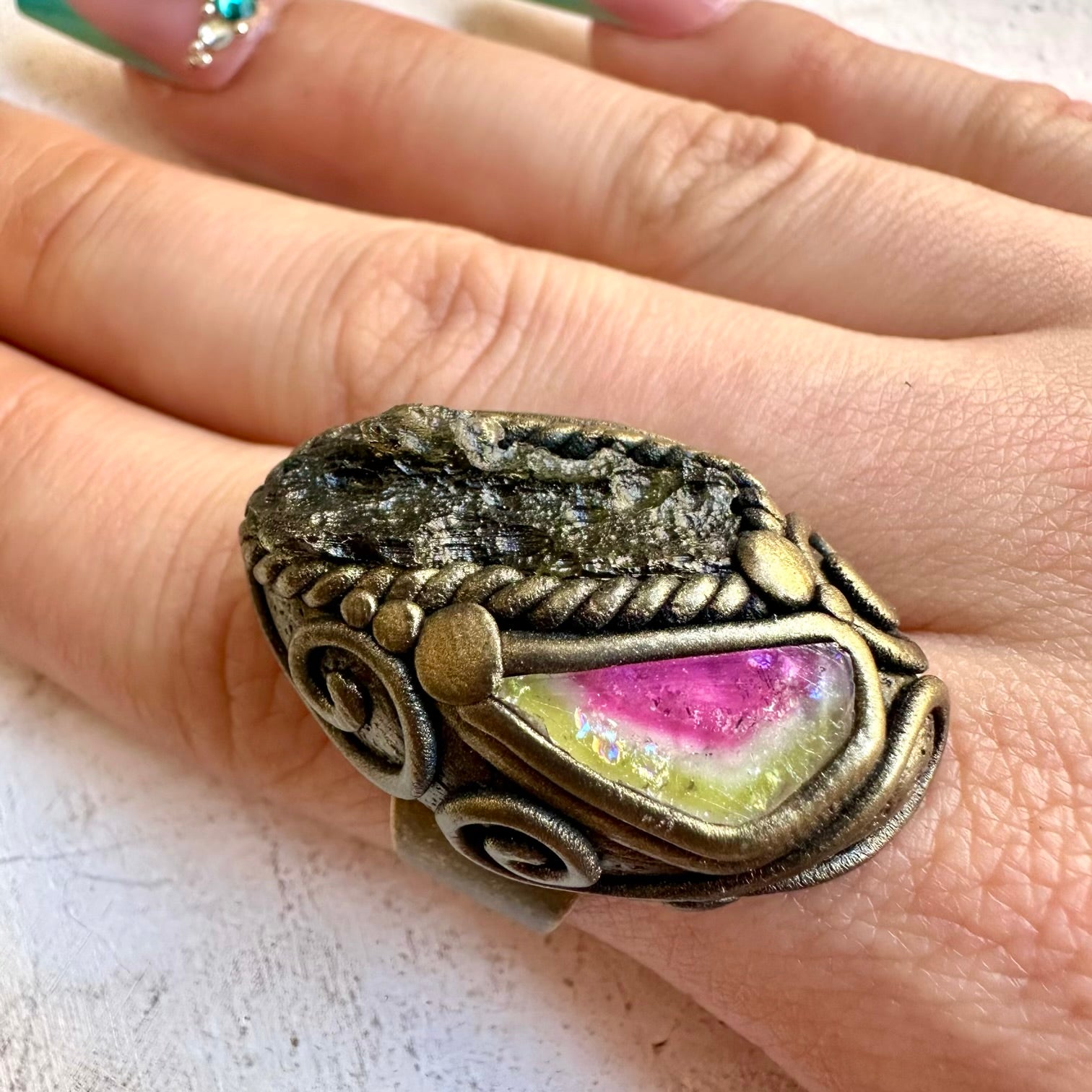 Unique moldavite crystal ring