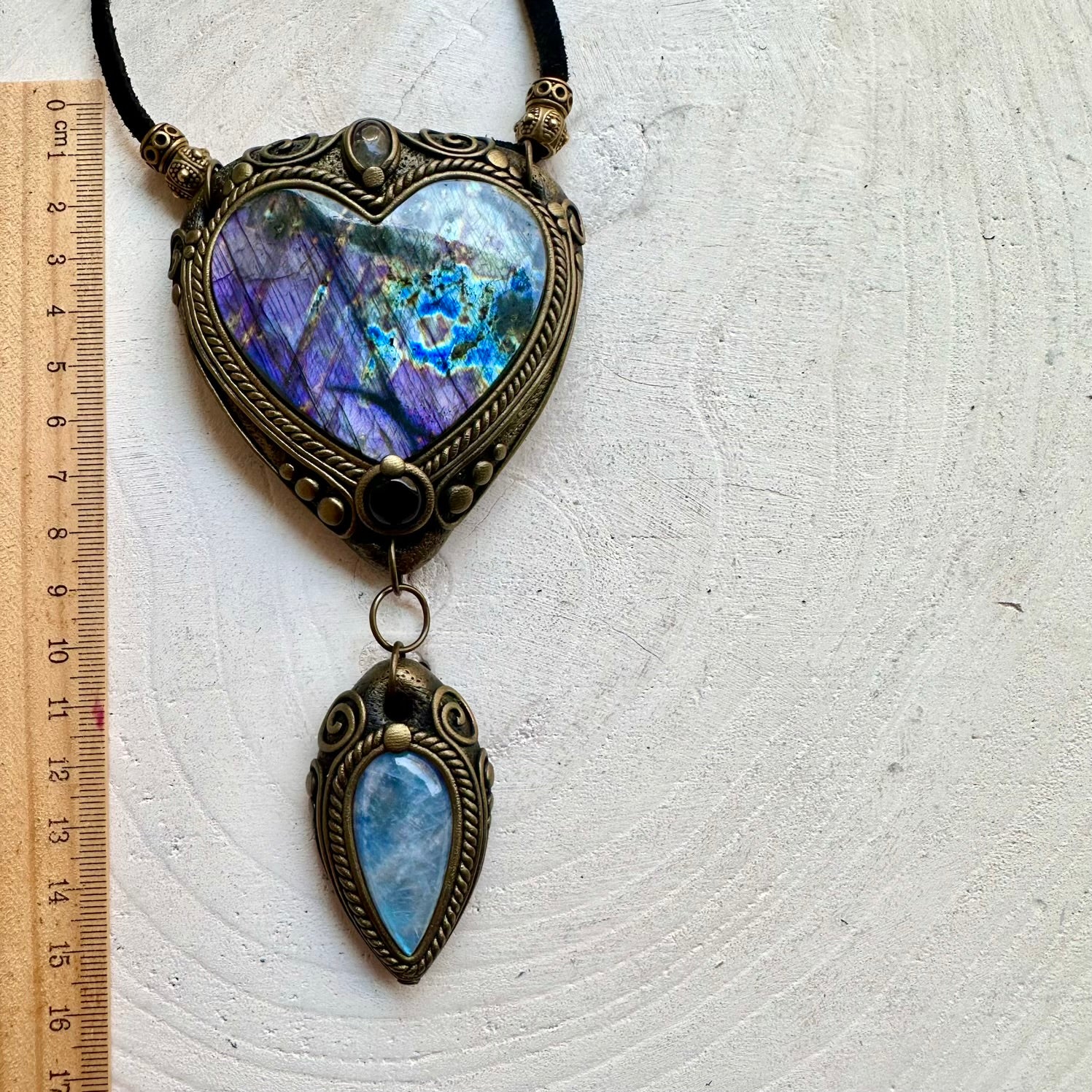 Handmade statement crystal necklace with a Large Purple Labradorite Heart with Rainbow Moonstone, Clear Topaz and Amethyst.