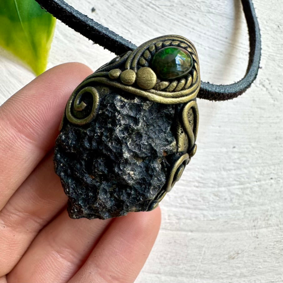 Black Tektite and Ethiopian Opal Pendant Necklace – Unisex Spiritual Jewelry for Protection and Transformation