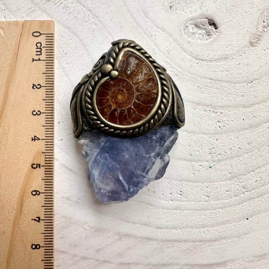 Light Blue Fluorite crystal with ancient Ammonite spiral, unique handcrafted spiritual jewelry.