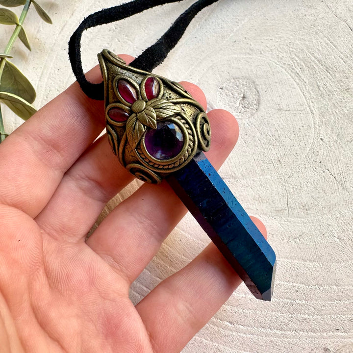 Handmade Cobalt Aura Quartz pendant necklace featuring Rainbow Fluorite and Rhodolite Garnet, a one of a kind crystal jewelry piece.