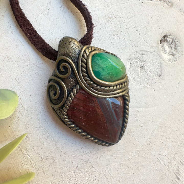 Handmade gemstone necklace combining Chrysoprase and Tiger’s Eye