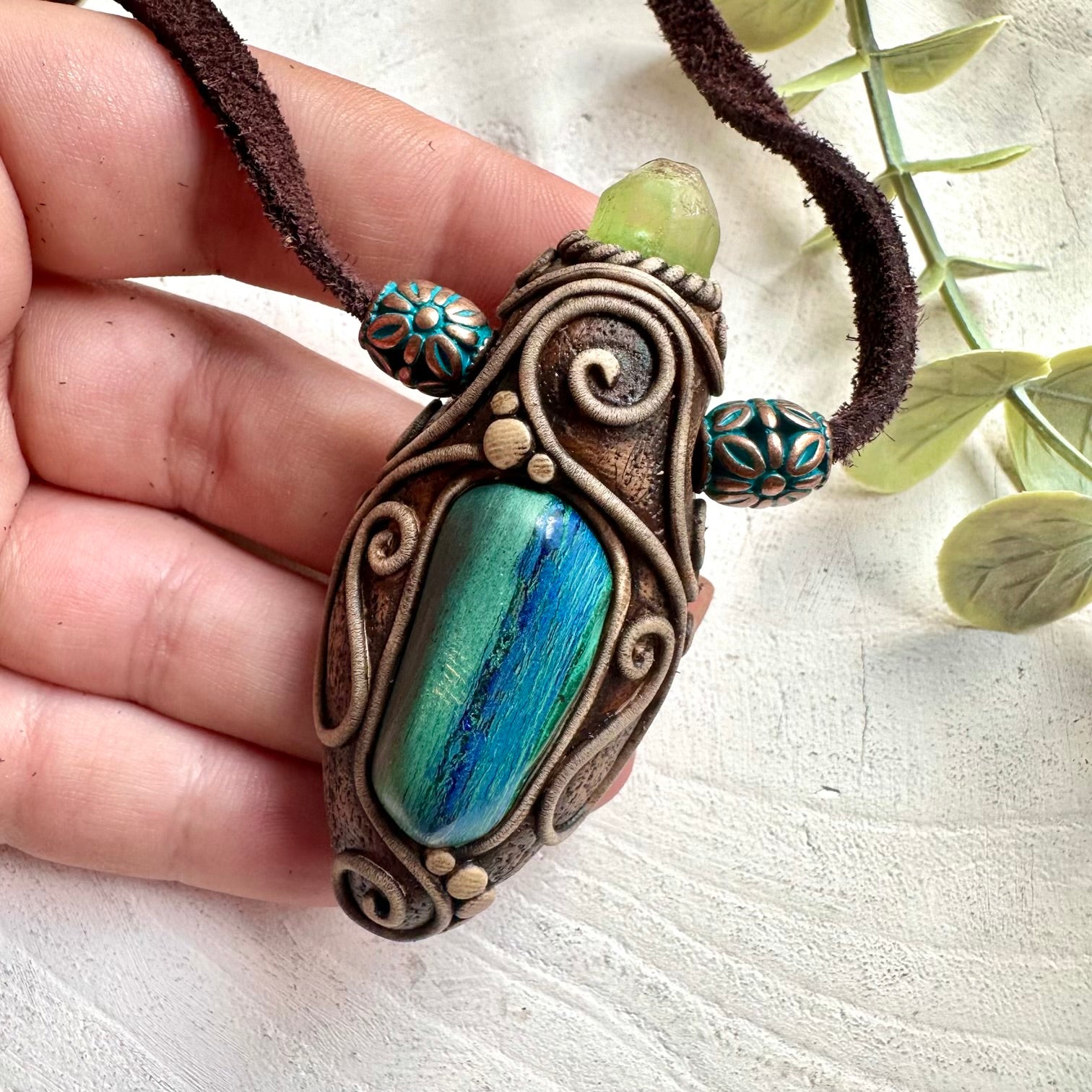 One of a kind crystal talisman necklace with Malachite, Azurite and Raw Peridot gemstones