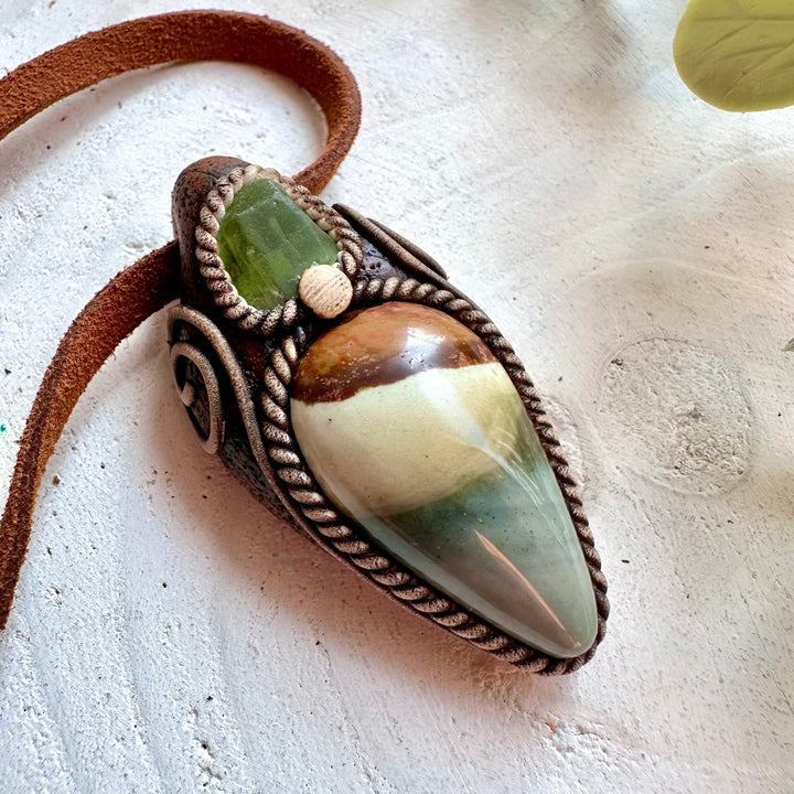 Protection amulet necklace with Polychrome Jasper and Peridot healing crystals
