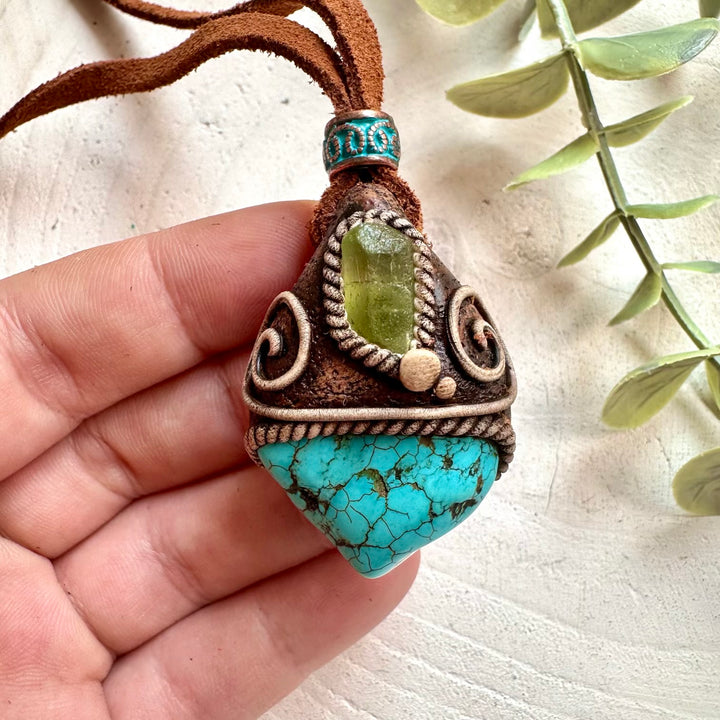 Statement crystal necklace with Turquoise and Raw Peridot handmade artisan jewelry