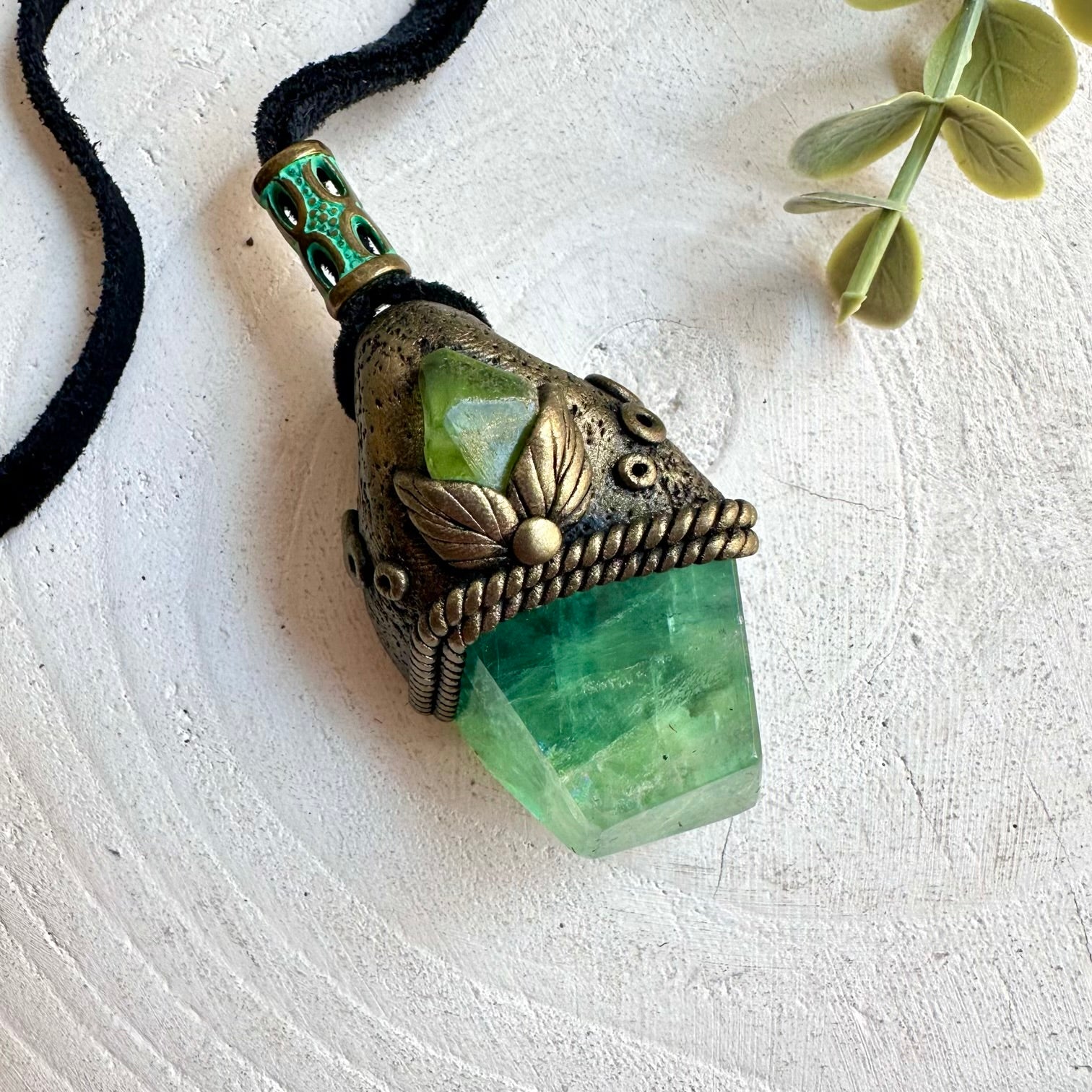 Unisex handmade necklace with Green Fluorite and natural Peridot gemstones.