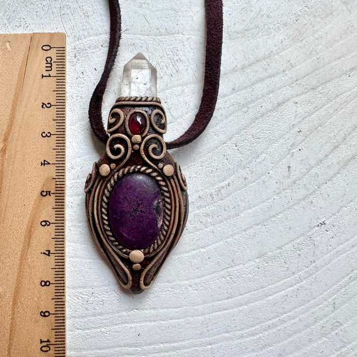 Sugilite Clear Quartz and Rhodolite Garnet healing crystal talisman necklace