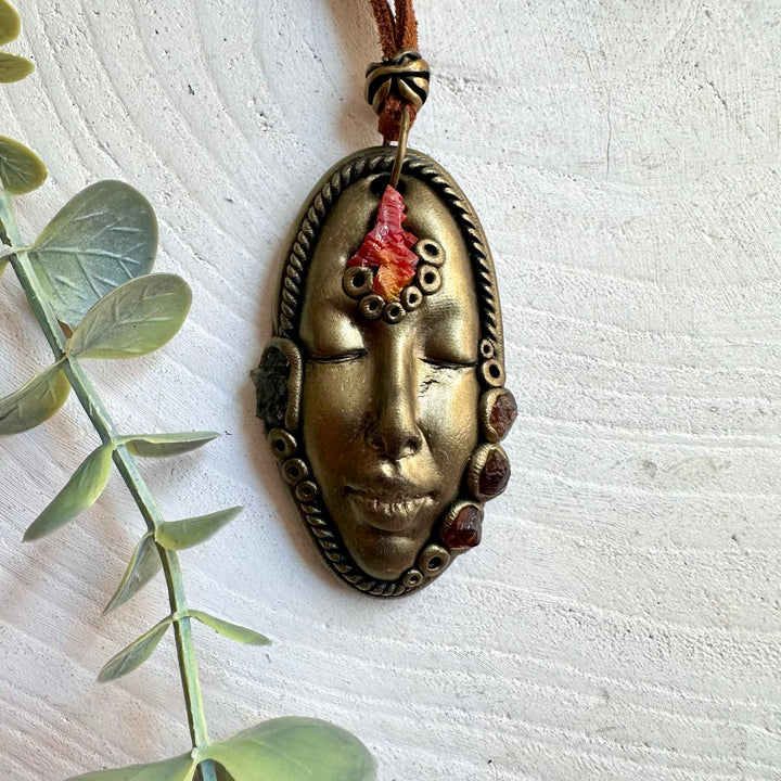 Handmade gemstone necklace combining vibrant Vanadinite with natural Moldavite and Hessonite Garnet.