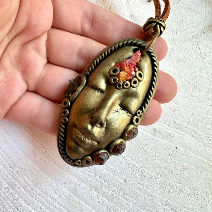 Handmade Goddess necklace featuring Vanadinite, Moldavite and Hessonite Garnet natural gemstones.