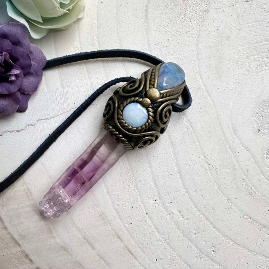 Vera Cruz Amethyst, Australian Opal and Rainbow Moonstone pendant necklace, handmade healing crystal amulet jewelry.