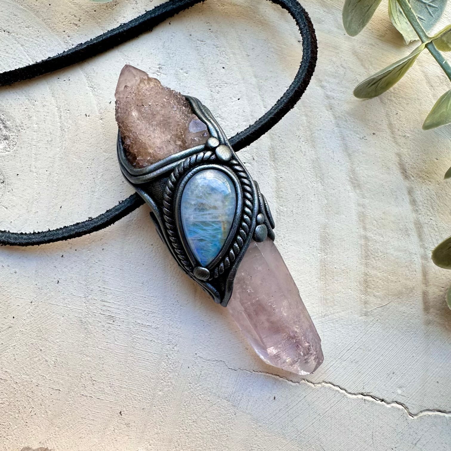 Healing crystal wand pendant with amethyst and moonstone