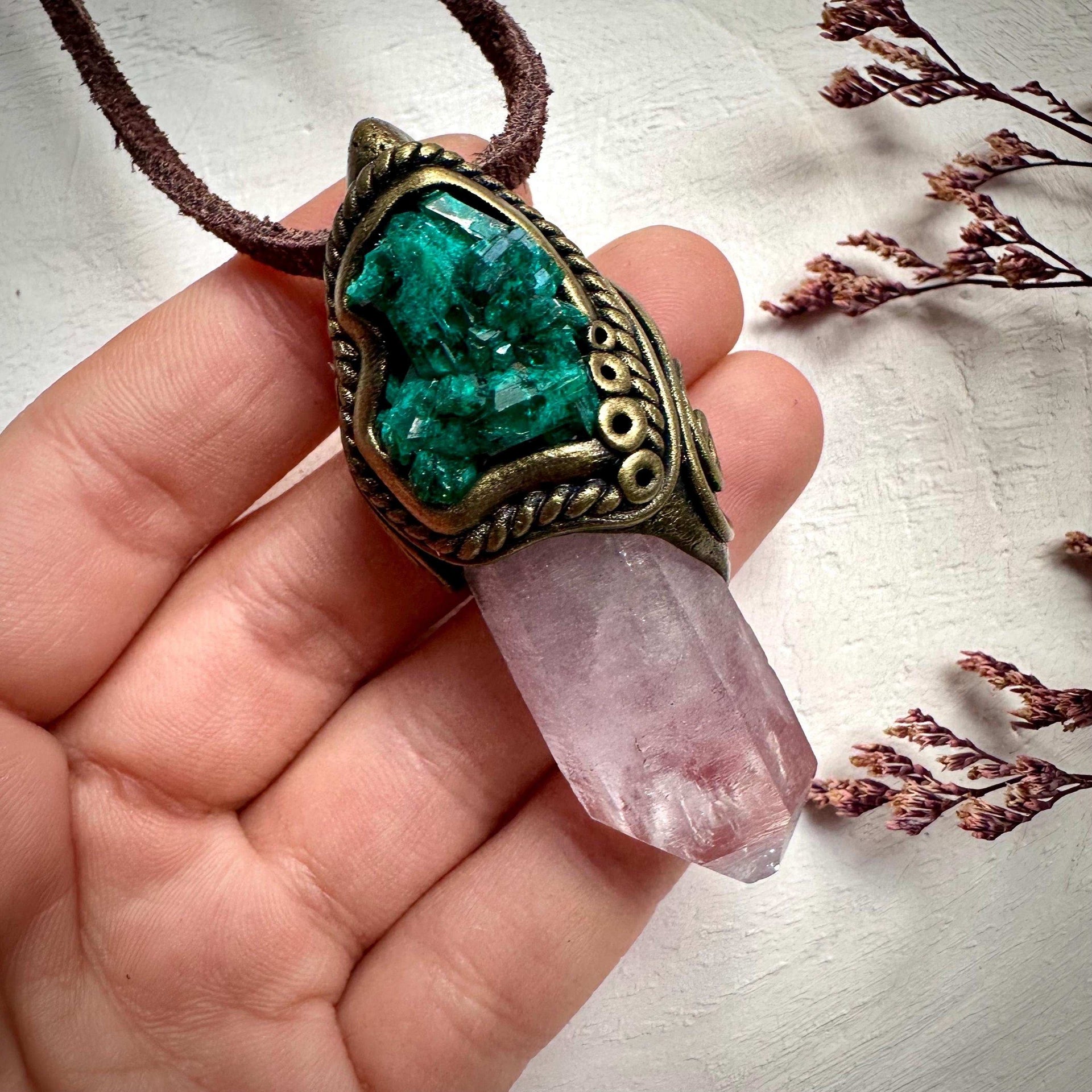Vera Cruz Amethyst and Dioptase Cluster Pendant Necklace - FairyGardenGlow