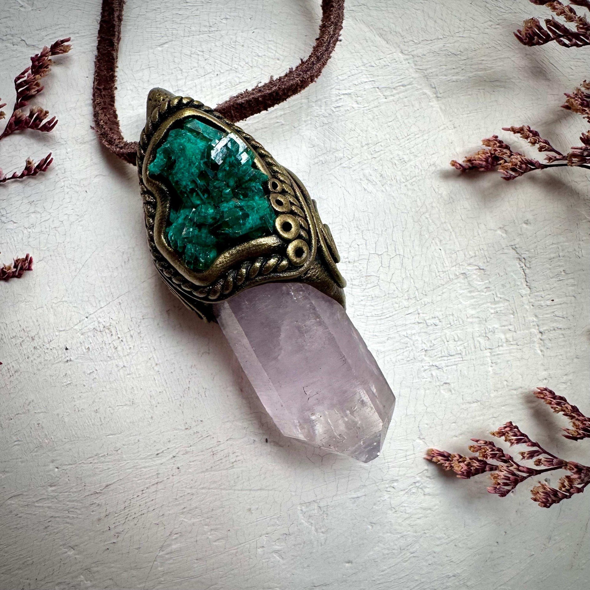 Vera Cruz Amethyst and Dioptase Cluster Pendant Necklace - FairyGardenGlow