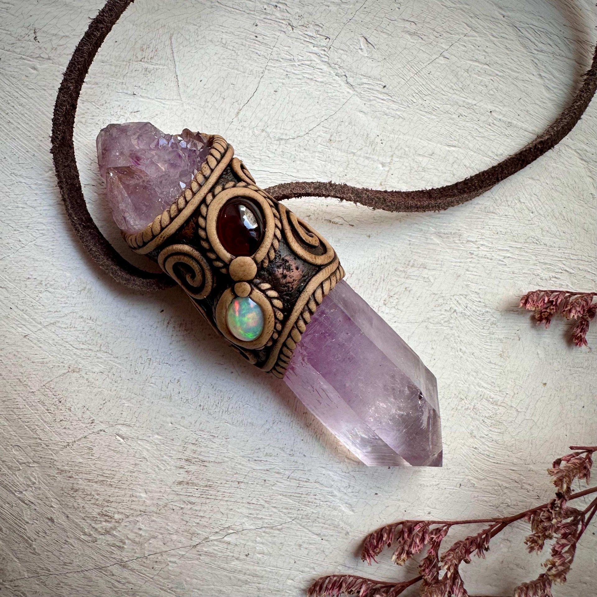 Vera Cruz Amethyst Spirit Quartz Red Garnet and Ethiopian Opal Wand / Pendant - FairyGardenGlow