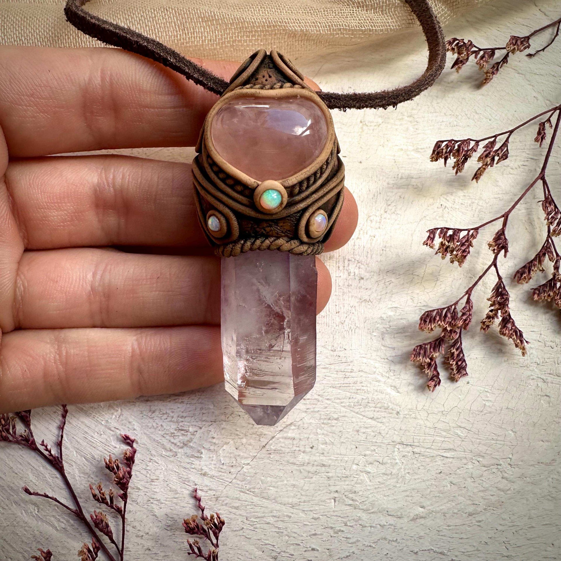 Vera Cruz Amethyst Rose Quartz Heart and Australian Opal Necklace - FairyGardenGlow