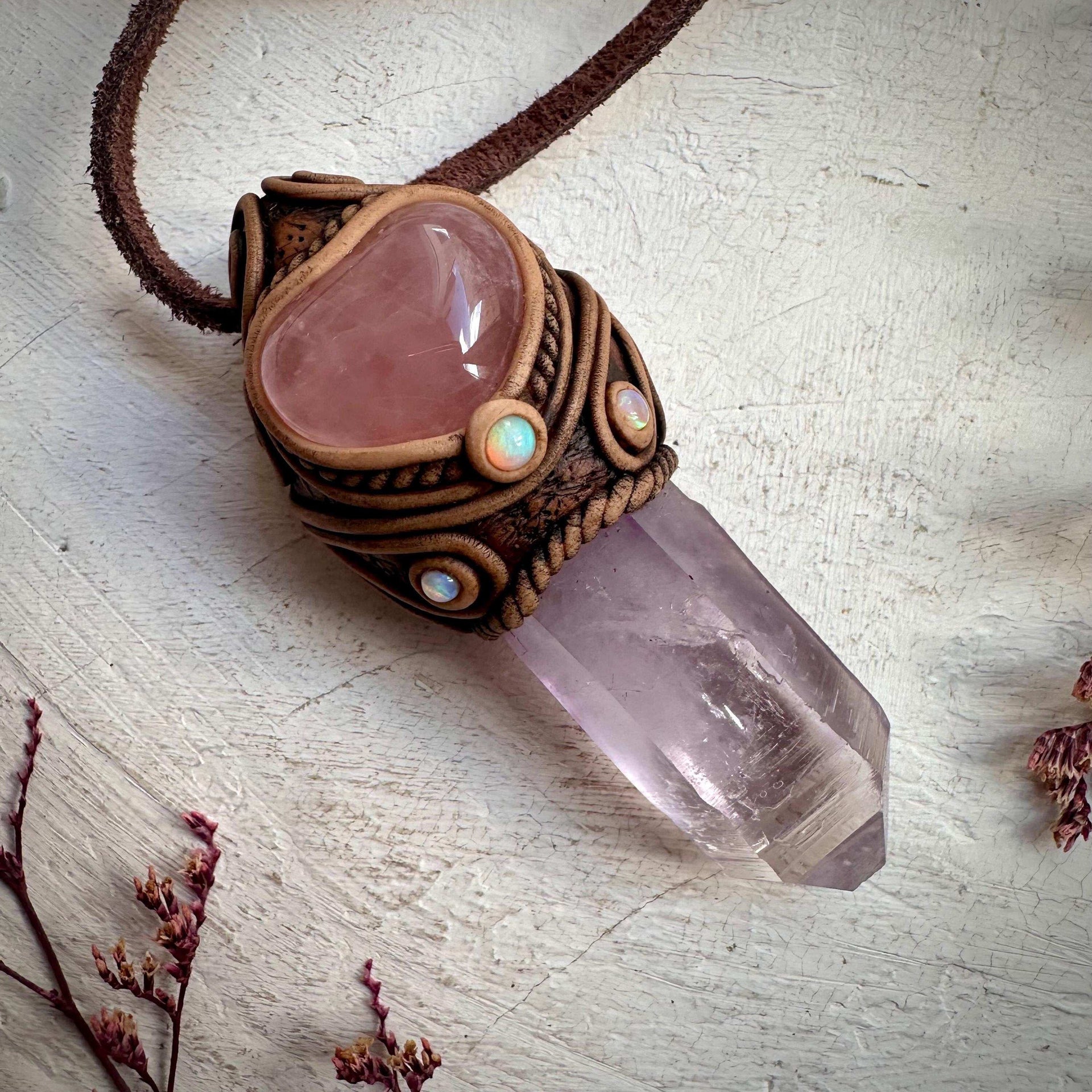 Vera Cruz Amethyst Rose Quartz Heart and Australian Opal Necklace - FairyGardenGlow