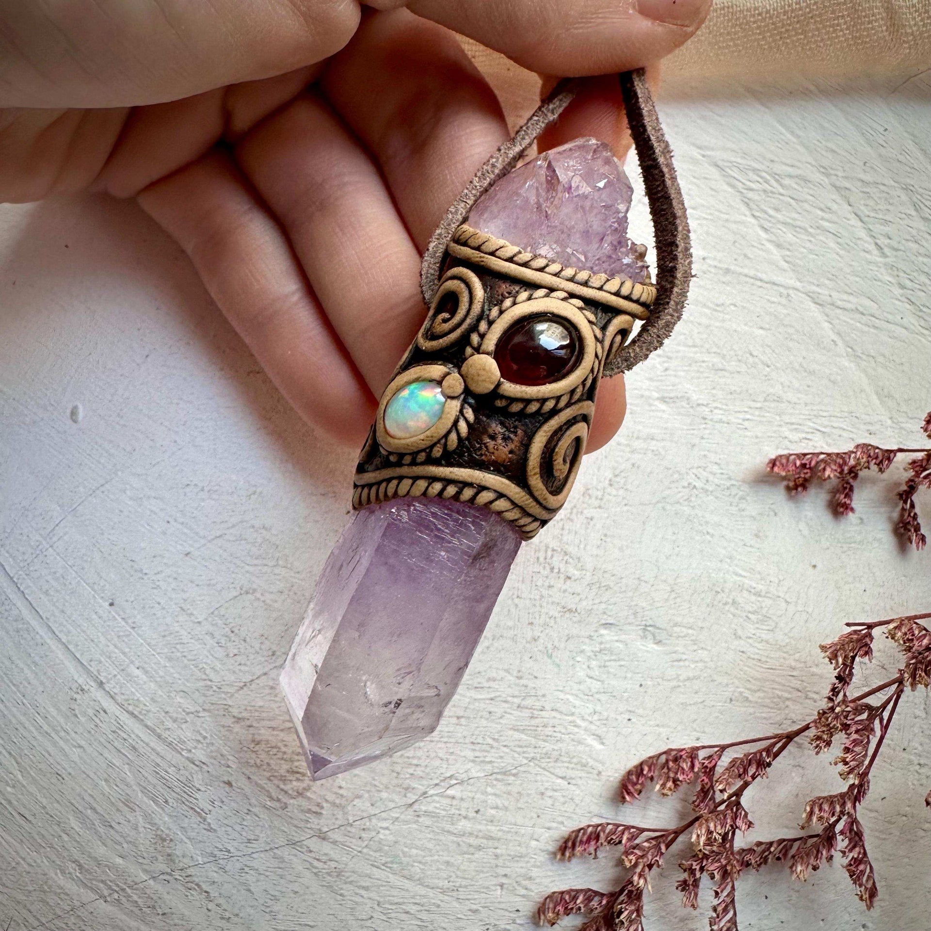 Vera Cruz Amethyst Spirit Quartz Red Garnet and Ethiopian Opal Wand / Pendant - FairyGardenGlow