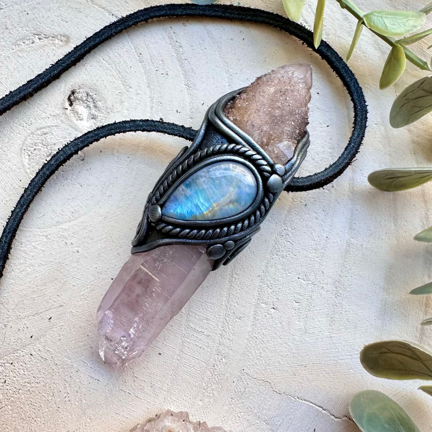 Vera Cruz amethyst spirit quartz and rainbow moonstone mini wand pendant necklace