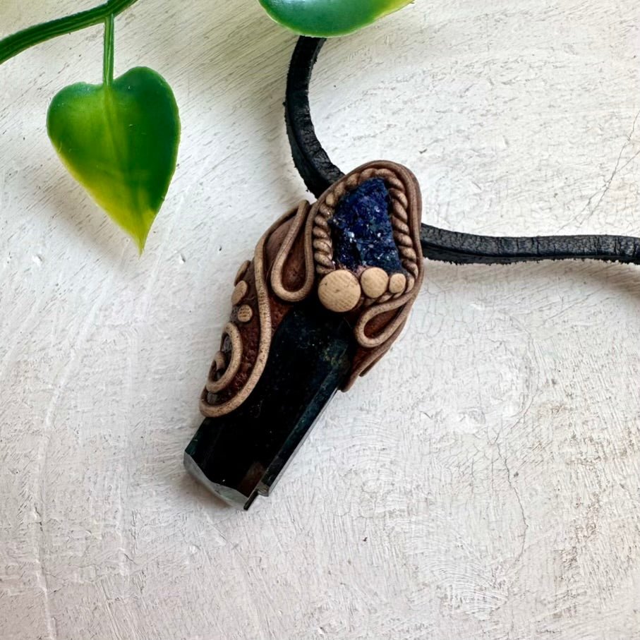 Vivianite and Azurite Necklace, Unisex Handmade Pendant - FairyGardenGlow
