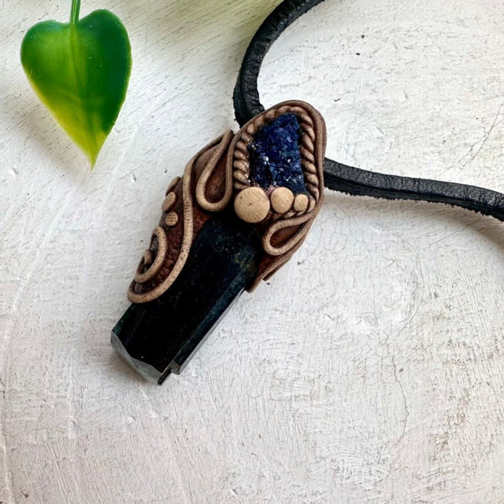 Vivianite and Azurite Necklace, Unisex Handmade Pendant - FairyGardenGlow