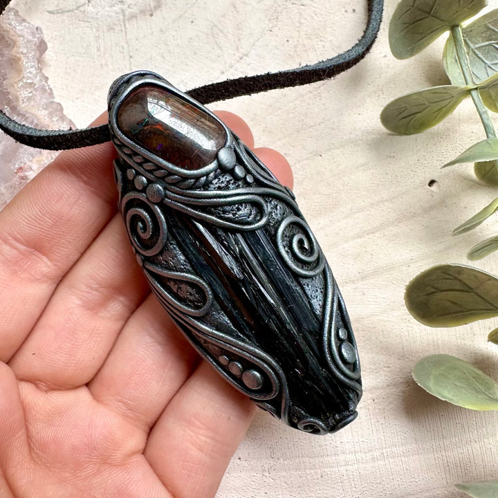 Vivianite and boulder opal pendant necklace