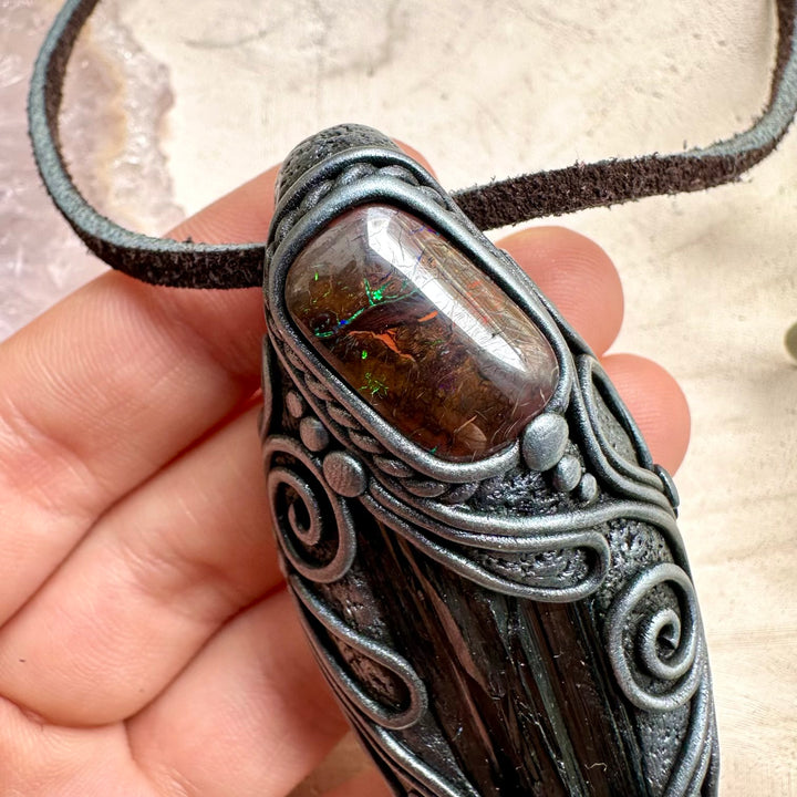 Spiritual jewelry combining vivianite and boulder opal