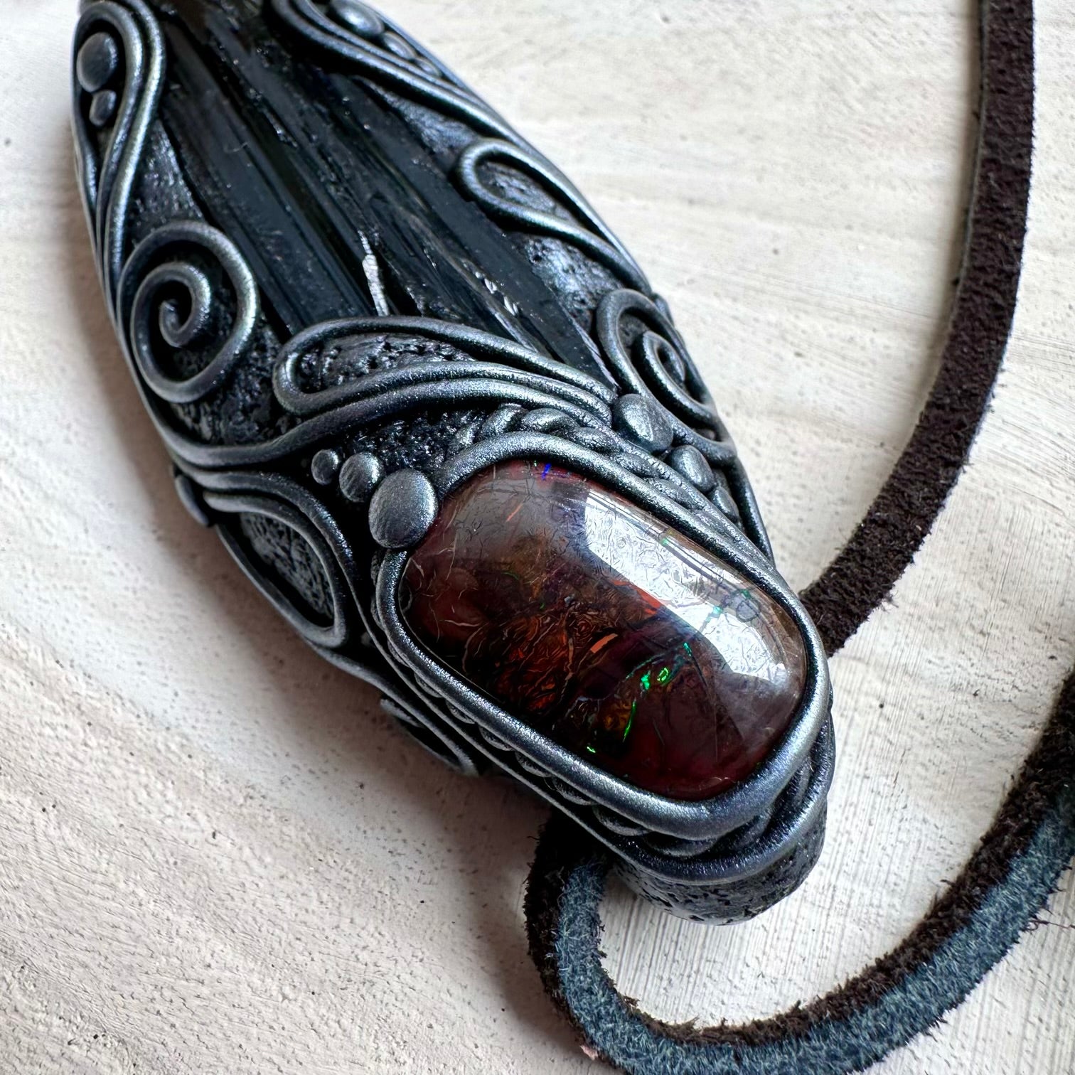 Artisan necklace with vivianite and boulder opal
