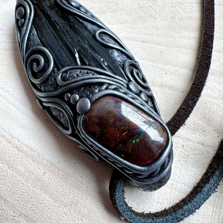 Artisan necklace with vivianite and boulder opal