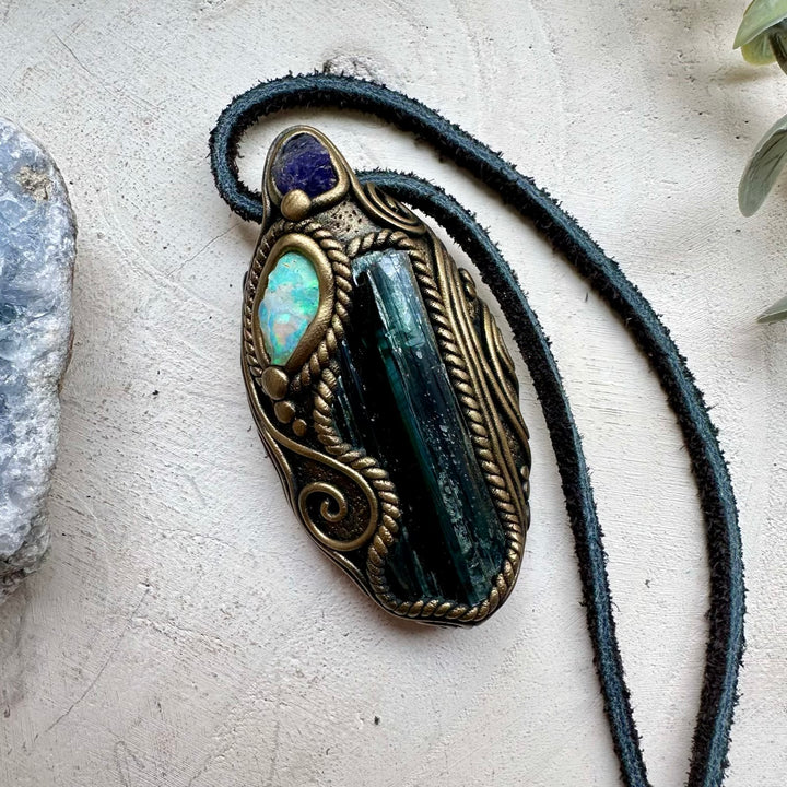 Vivianite raw Ethiopian opal and tanzanite necklace