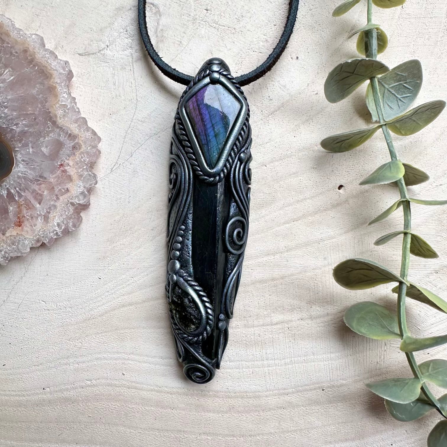 Handmade healing crystal pendant necklace with moldavite and gemstones