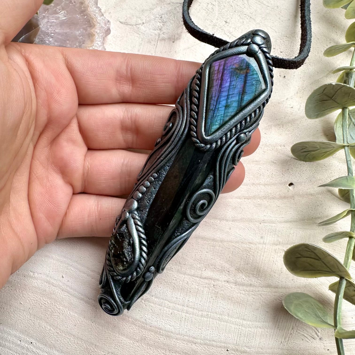 Vivianite labradorite and raw moldavite crystal wand pendant necklace