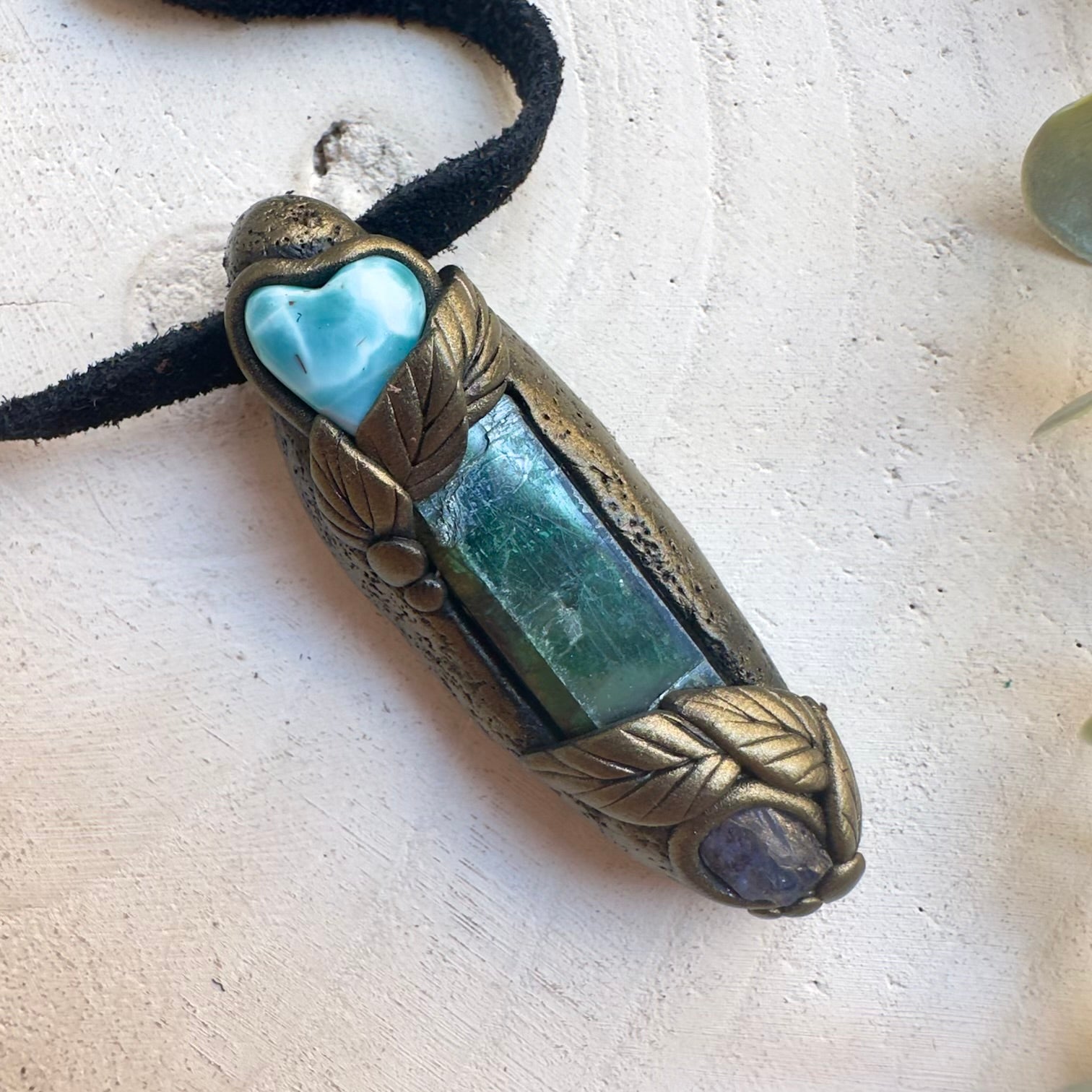 Vivianite with Larimar heart and raw Tanzanite pendant necklace handmade with rare crystals