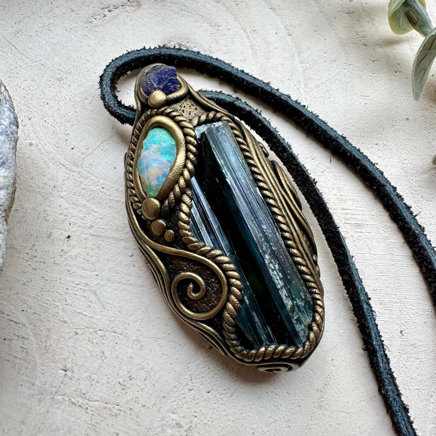 Natural gemstone necklace with opal vivianite and tanzanite